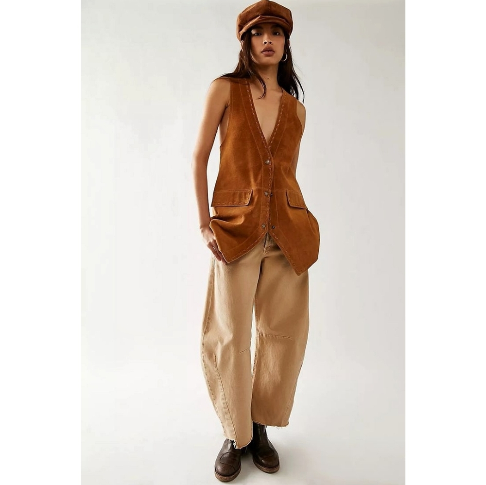 Free People Low Rider Brown Leather Suede Cross Stitch Western Vest